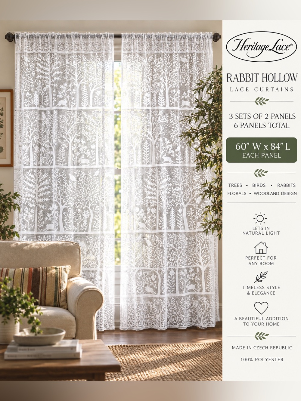 Heritage Lace Rabbit Hollow Curtains 60x84 White 6 Panels 3 Pairs Woodland